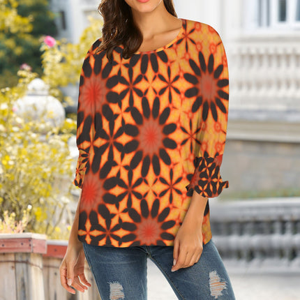 Crew Neck Pleated Sleeve T-Shirt Orange Geometric