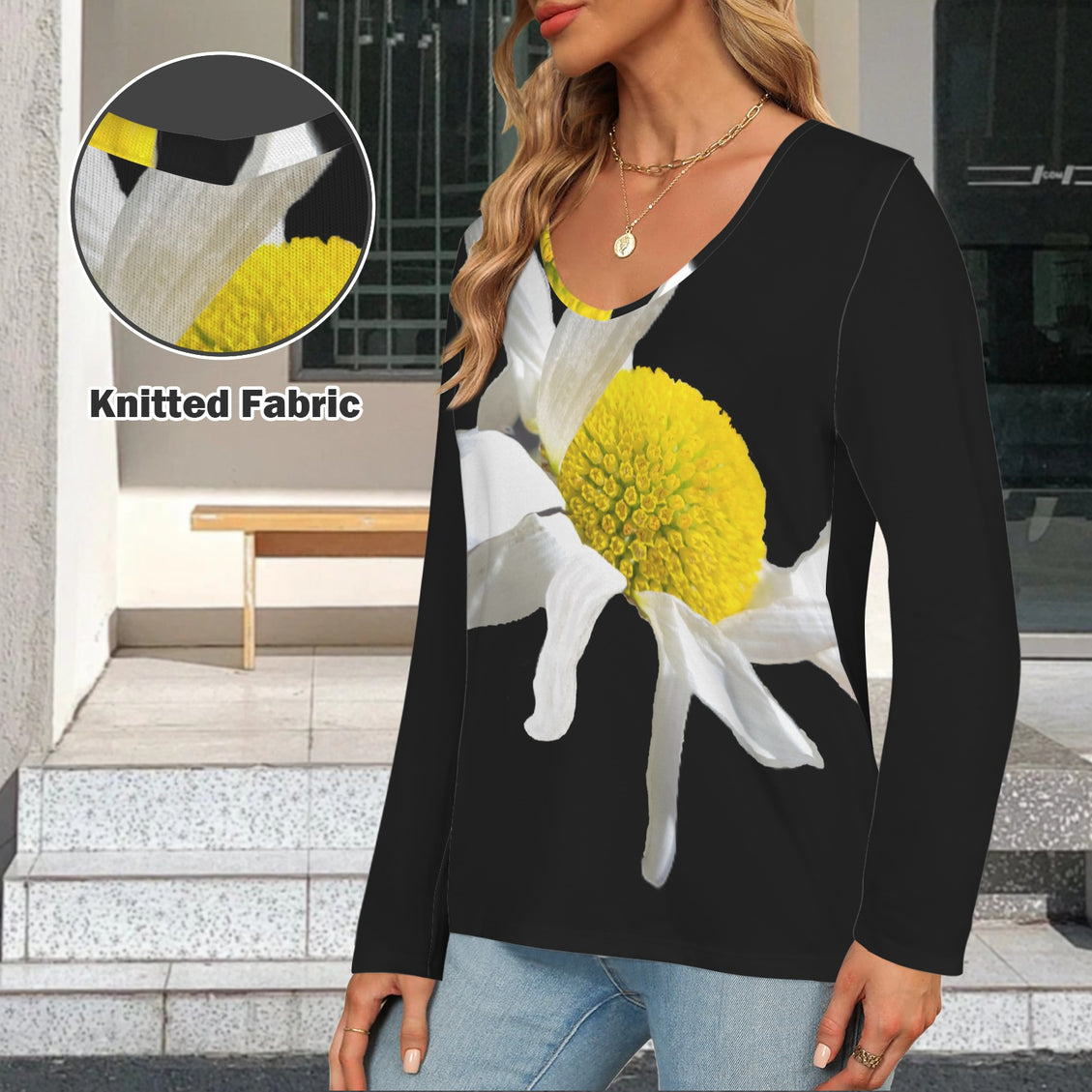 V Neck Long Sleeve Sweater Daisy Black