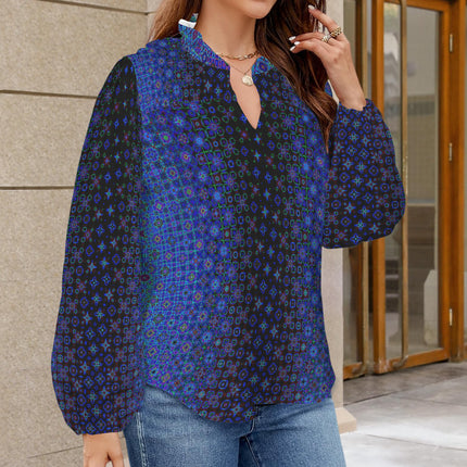 V Neck Pleated Long Sleeve Blue Lights Ombre