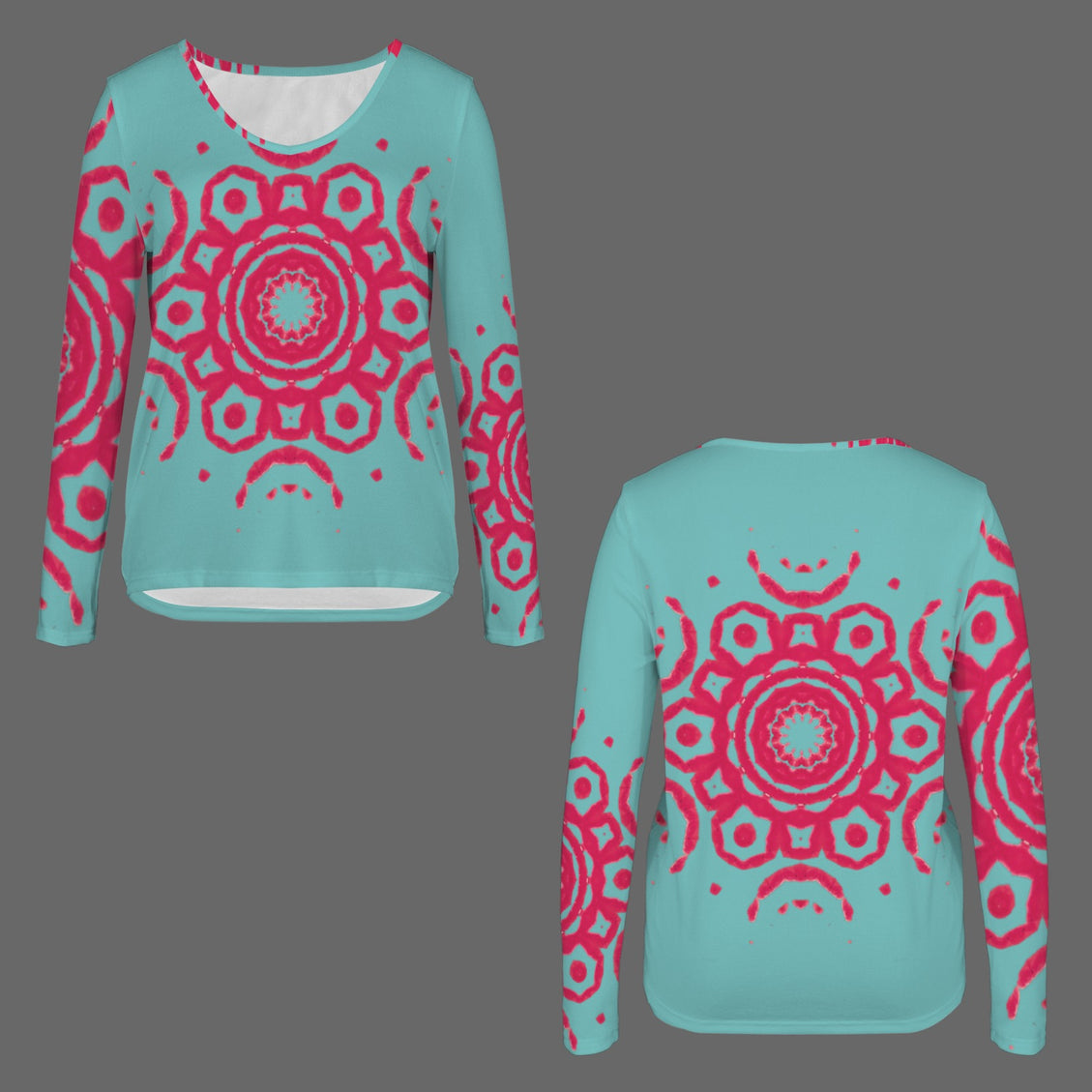 Long Sleeve V Neck Top Turquoise Red Medallion