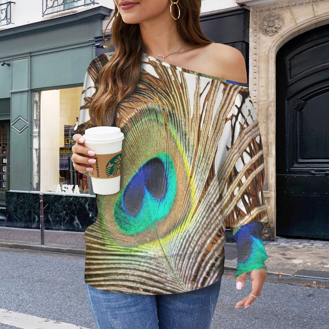 Batwing Long Sleeve Sweater Peacock Feather