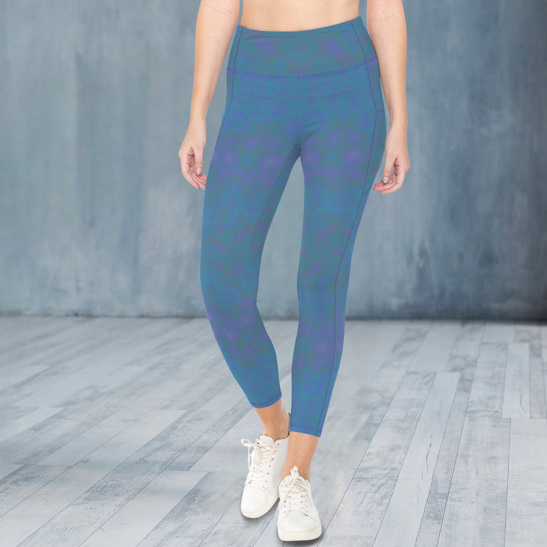 High Waist Pockets Yoga Leggings Blue Watercolor