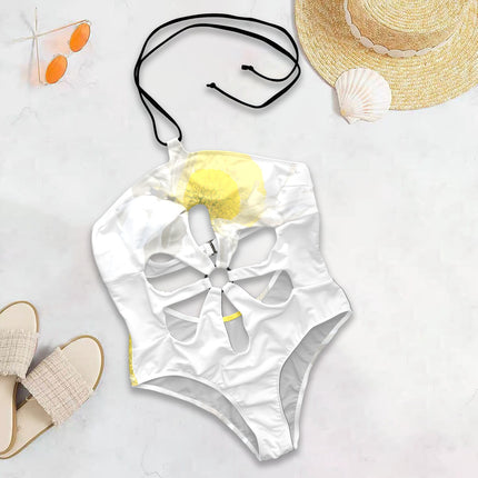 Flower Cut Out One Piece Swimsuit Daisy Watercolor Gray