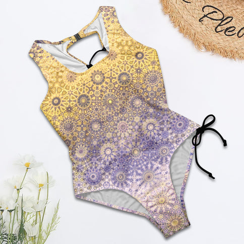 Tie Back Lace Up One PIece Swimsuit Gold & Purple Lake Reflections