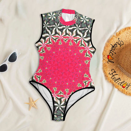 One Piece Back Zip Paddlesuit Red Hollyhocks Abstract