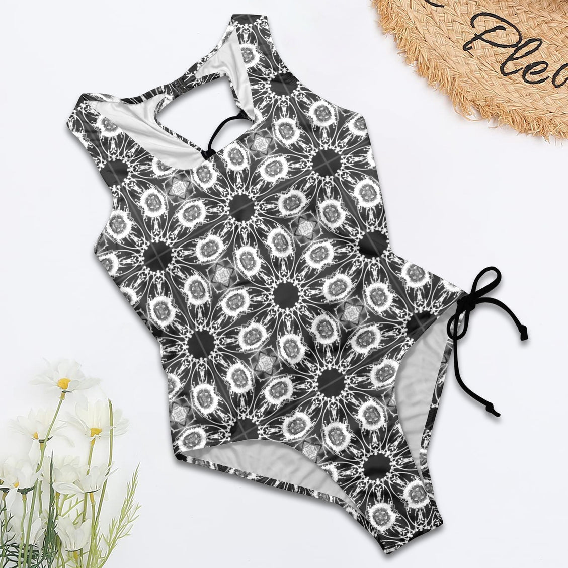 Tie Back Lace Up One Piece Swimsuit Frosty Reeds Black & White