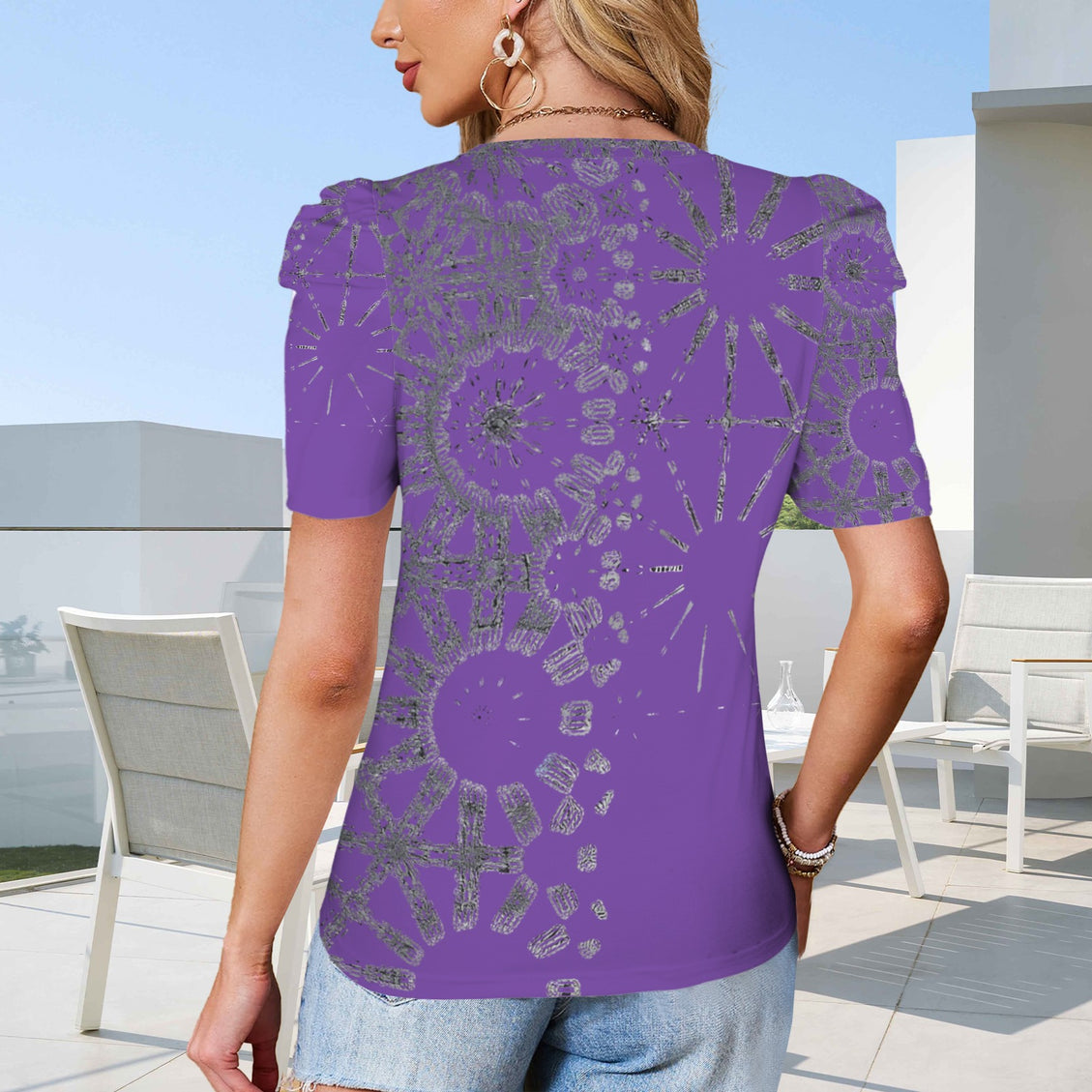 Puff Sleeve T-Shirt Purple and Silver Metallic Graphic