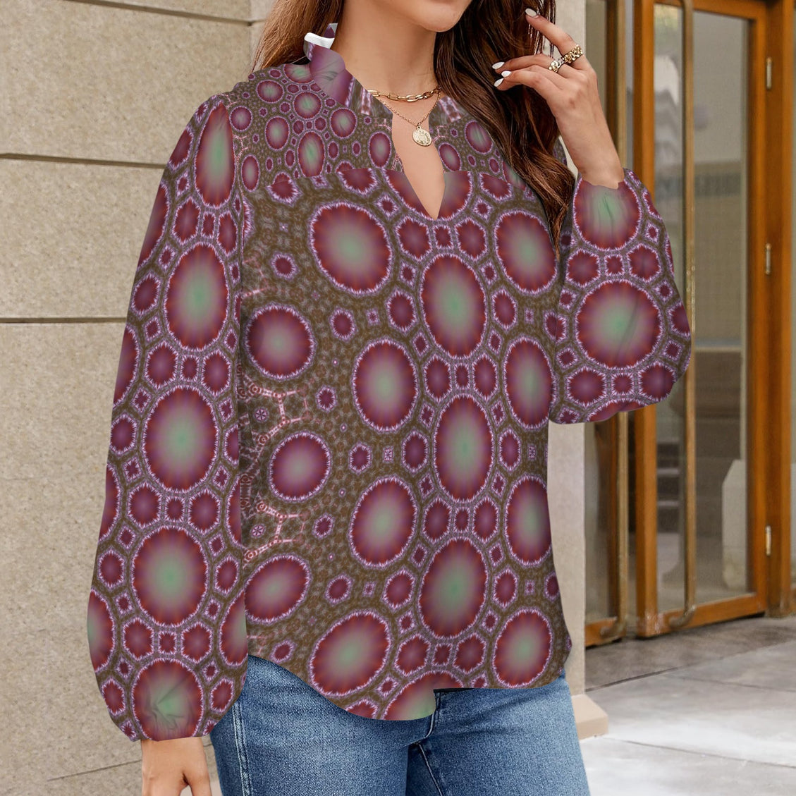 V Neck Long Sleeve Blouse Burgundy and Green