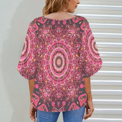 Draped Neck Blouse Pink Gray Medallion