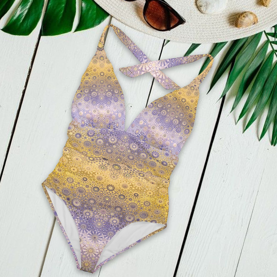 Halter V Neck One Piece Gold and Lavendar Ombre