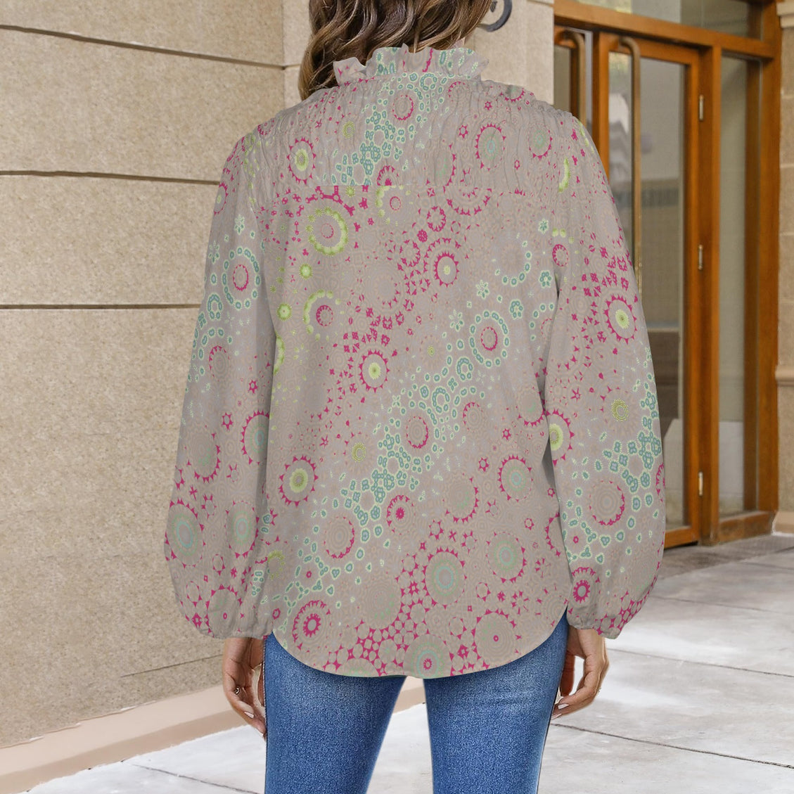 V Neck Pleated Long Sleeve Blouse Petunias Taupe Pink Blue Yellow Green