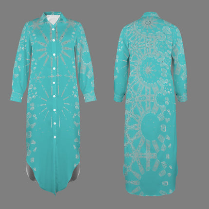 Long Sleeve Shirt Dress Turquoise on Turquoise Graphic