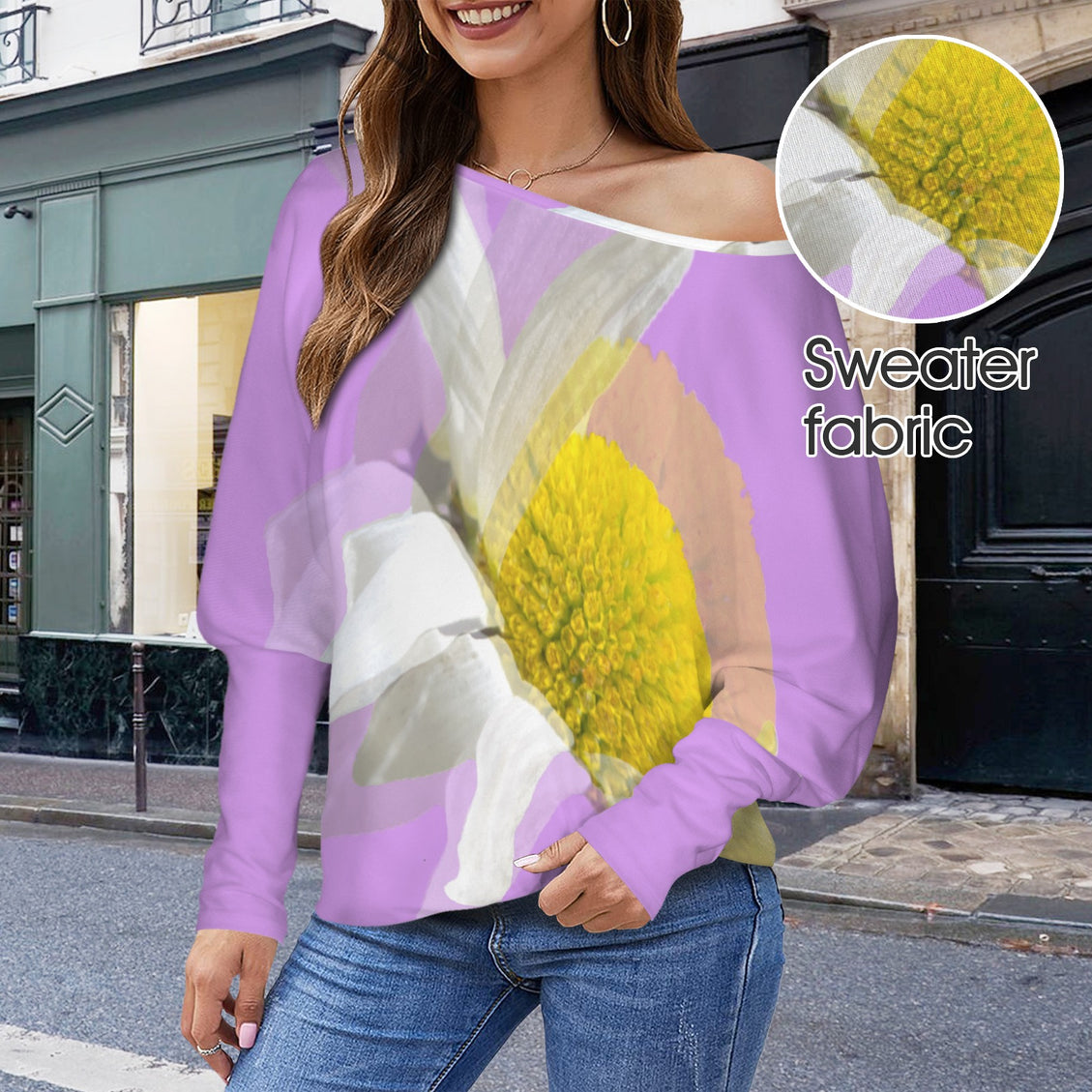 Batwing Long Sleeve Sweater Daisy Watercolor Lavendar