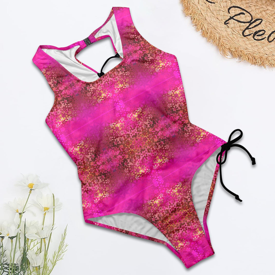 Tie Back Lace Up One Piece Swimsuit Orchids