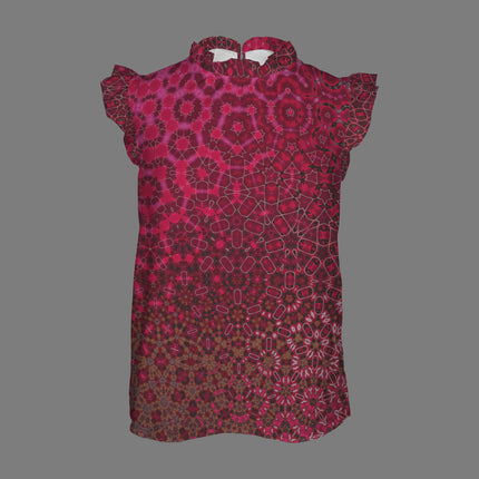 Ruffle Neck Blouse Red Leaves Abstract