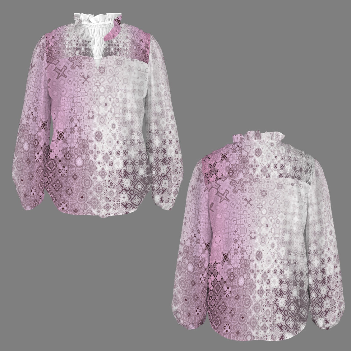 V Neck Pleated Long Sleeve Pink Glass Ombre