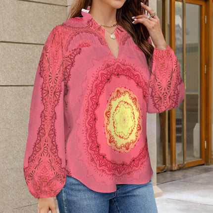 V Neck Pleated Long Sleeve Blouse Red Yellow Medallion