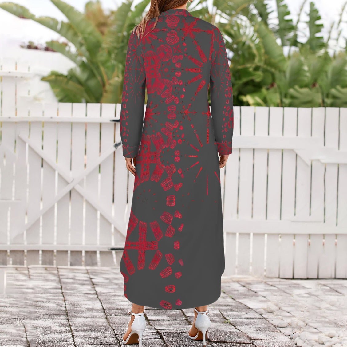 Long Sleeve Shirt Dress Charcoal and Red Graphic