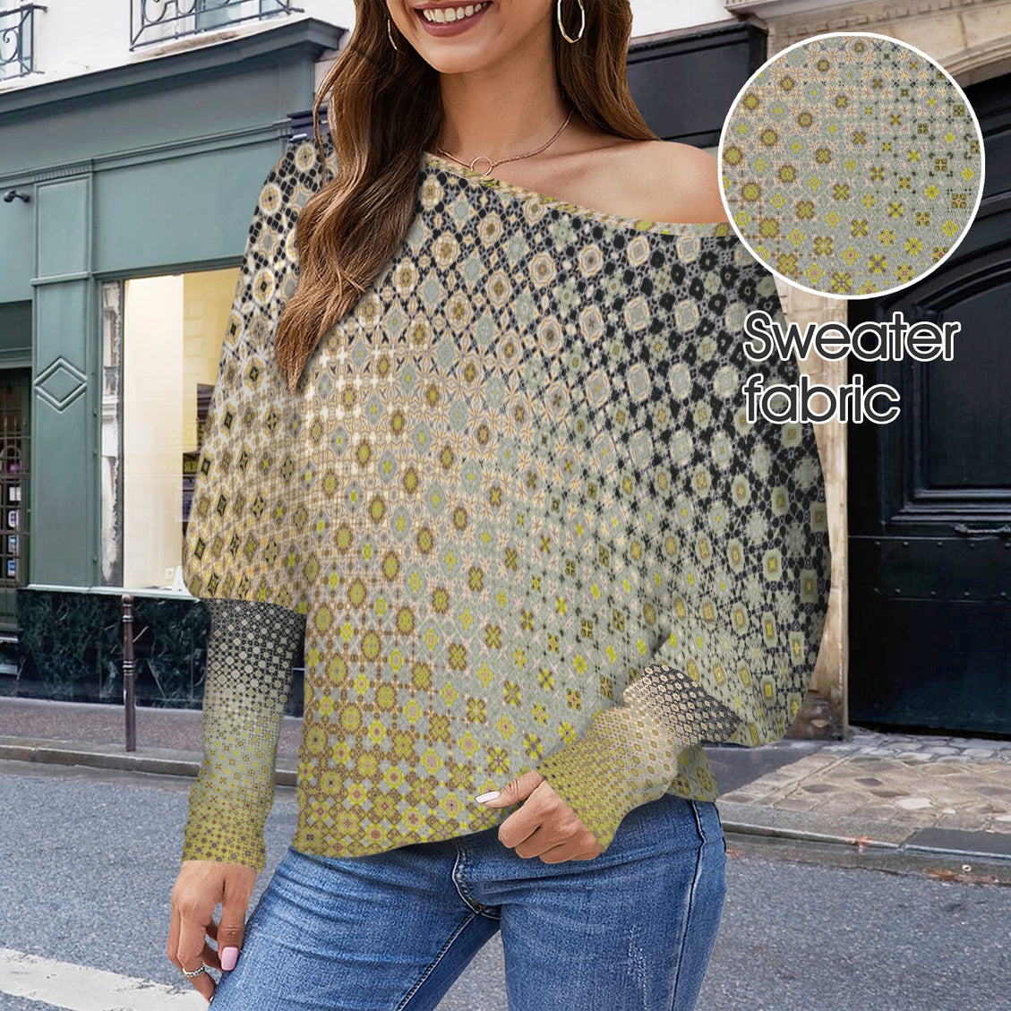 Batwing Long Sleeve Sweater Shattered Windshield Gold Green Gray Ombre