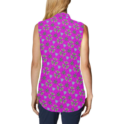 Bow Tie V Neck Sleeveless Blouse Fuchsia Floral