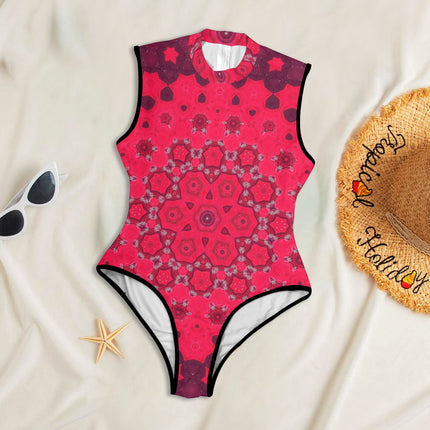 One Piece Back Zip Paddlesuit Red Hollyhocks Geometric