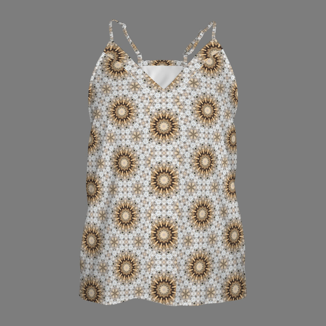 V Neck Cami Shimmering Feathers Gold Taupe Gray Stars