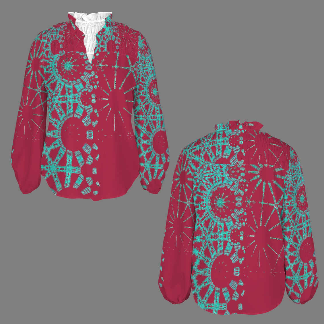 V Neck Long Sleeve Blouse Red and Turquoise Graphic