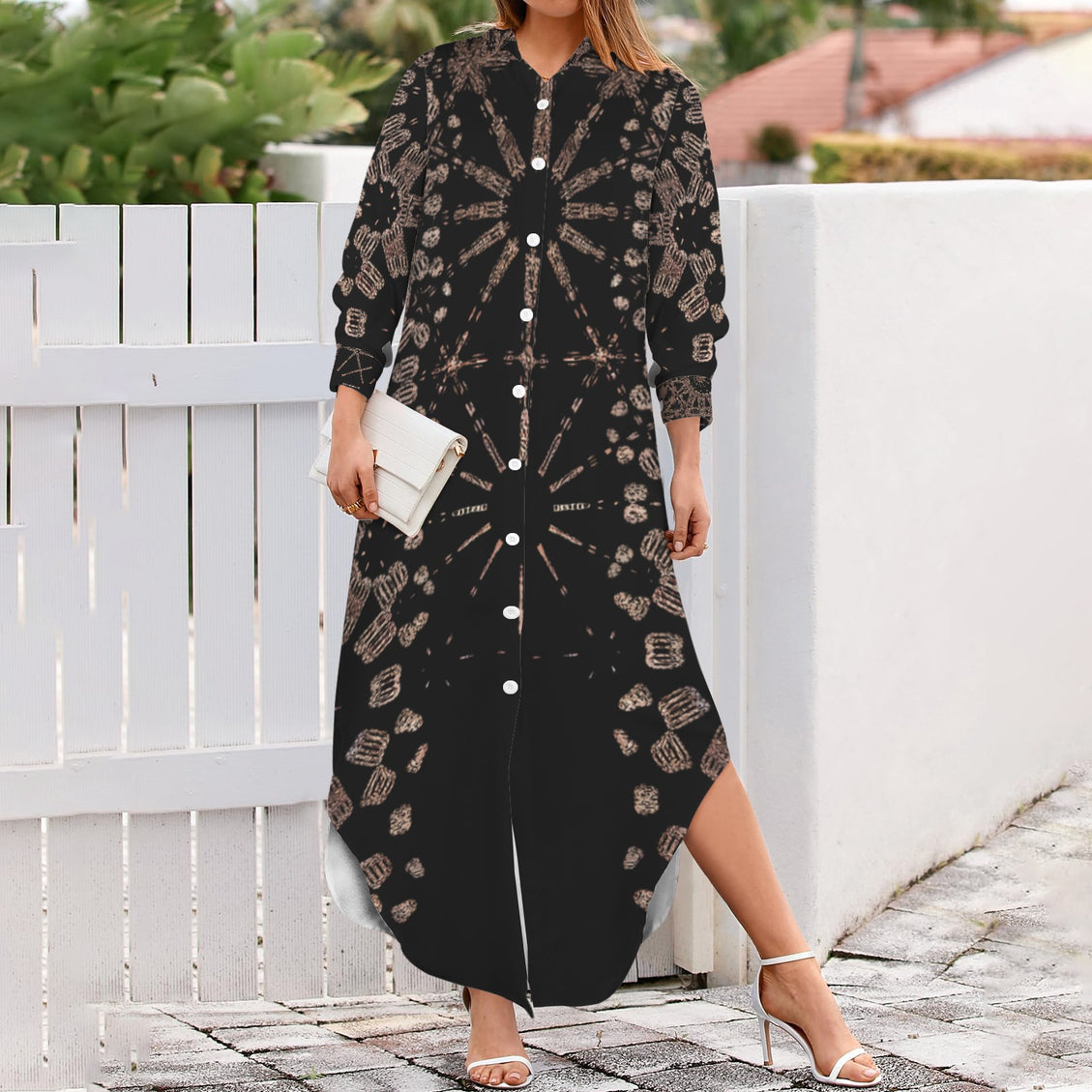 Long Sleeve Shirt Dress Black and Copper Graphic