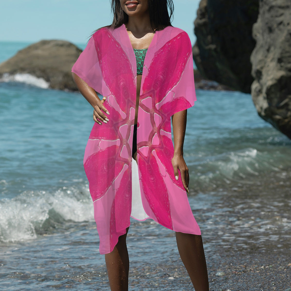 Cover Up Long Kimono Red Leaves Pink