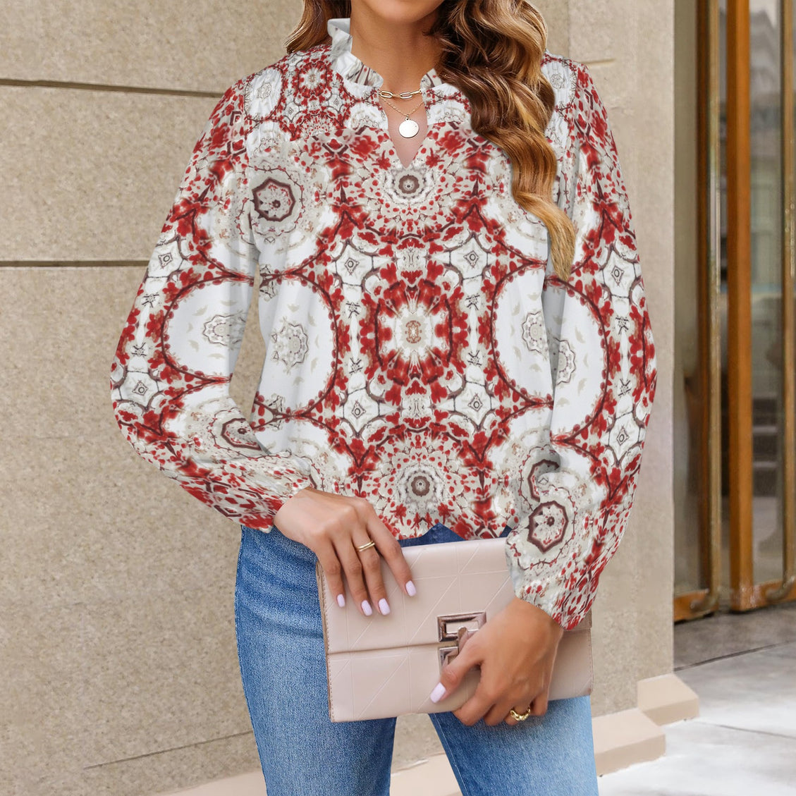 V Neck Long Sleeve Blouse Frosty Buffalo Berries