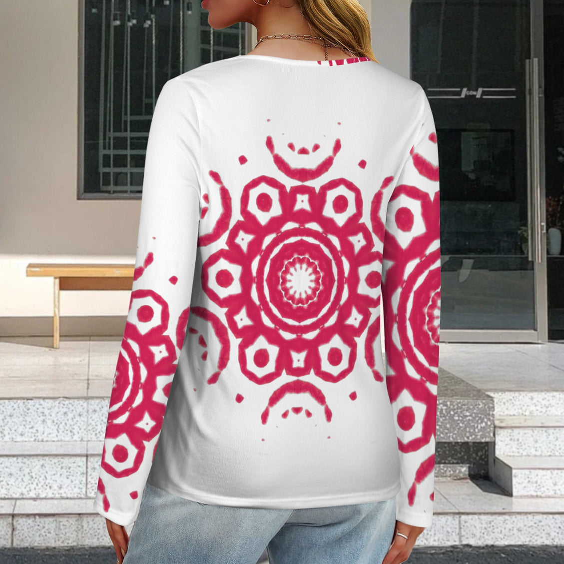 Long Sleeve V Neck Top Red Medallion