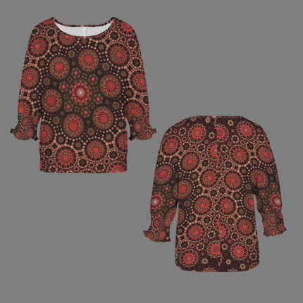 Crew Neck Pleated Sleeve T-Shirt Fall Leaves Black and Red Medallion