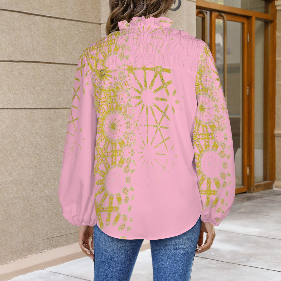 V Neck Long Sleeve Blouse Pink and Gold Graphic