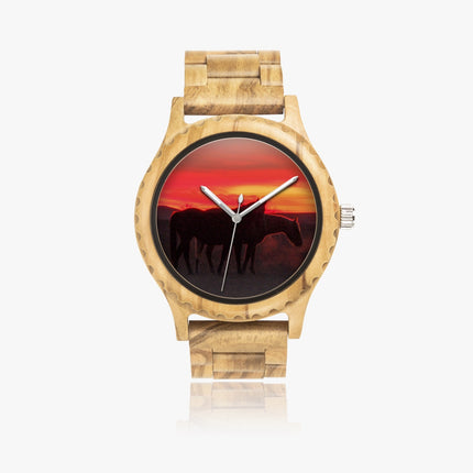 Wooden Watch Italian Olive Horses Red Sunrise