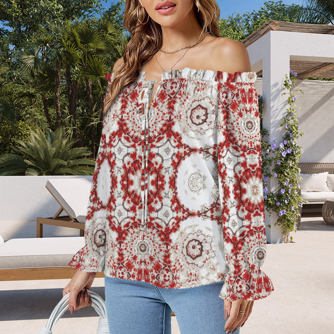 Off Shoulder Lantern Sleeve Blouse Frosty Buffalo Berries