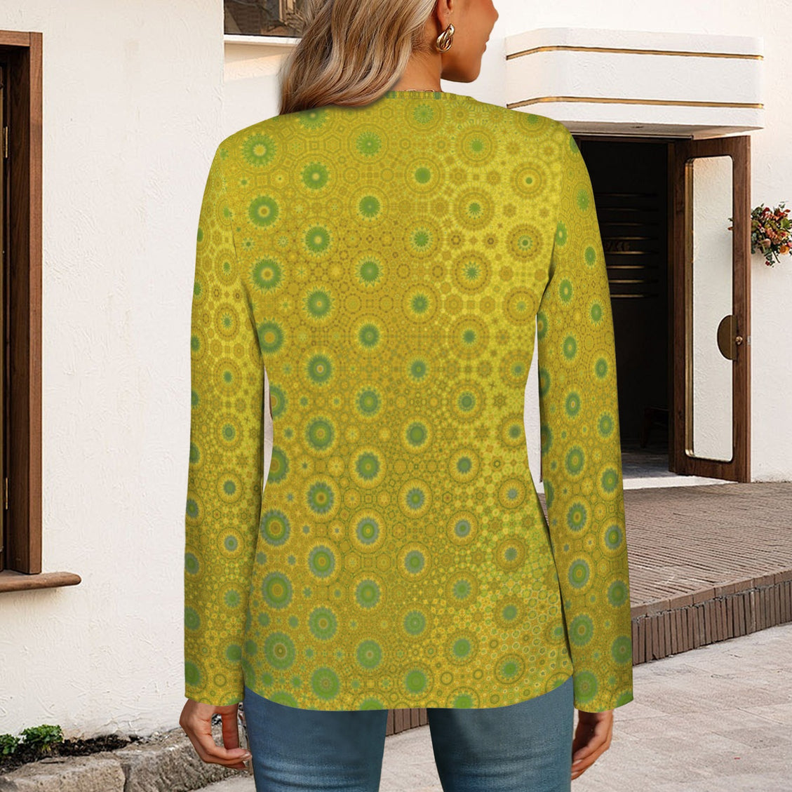 Long Sleeve Zip Front T-Shirt Green & Gold