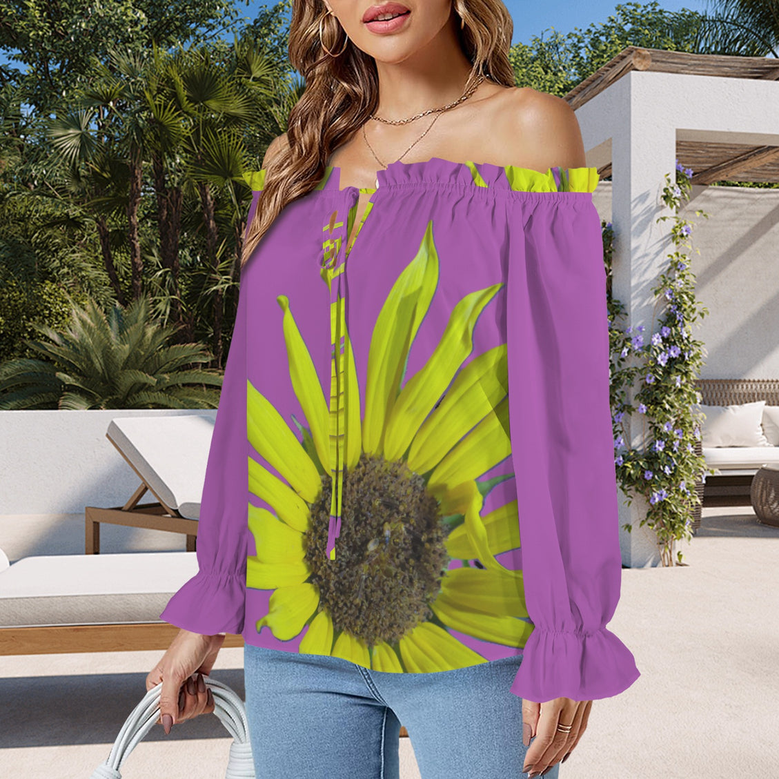 Off Shoulder Lantern Sleeve Blouse Sunflower Fuschia