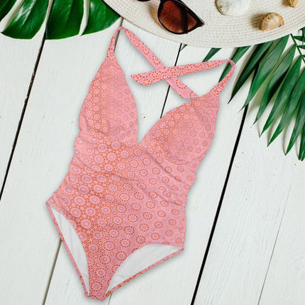 Halter V Neck One Piece Pink Geometric