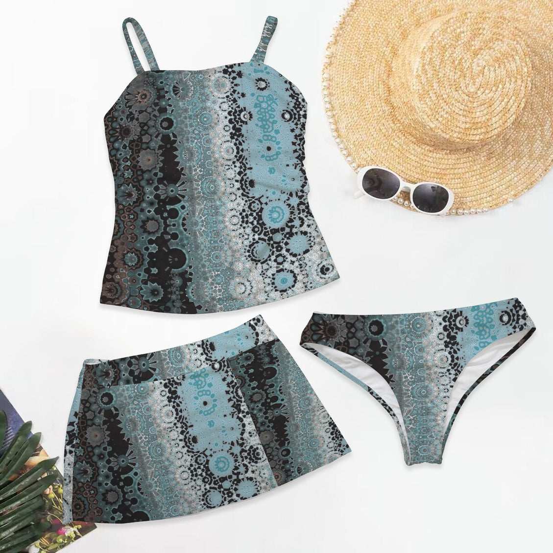 Three Piece Tankini Set Blue Glass Abstract