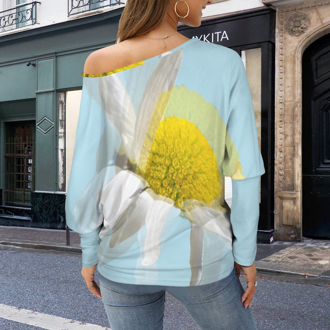 Batwing Long Sleeve Sweater Daisy Watercolor Blue