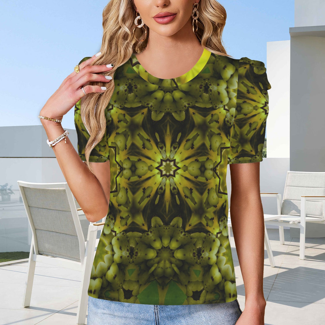 Puff Sleeve T-Shirt Forest Spearfish Canyon Geometric