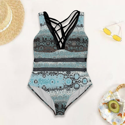 V Neck Mesh One Piece Swimsuit Blue Glass Abstract