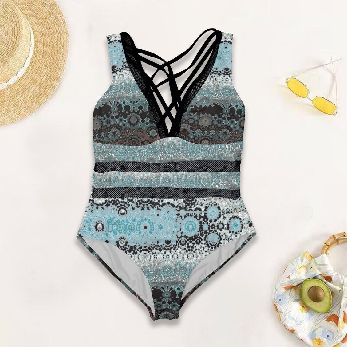 V Neck Mesh One Piece Swimsuit Blue Glass Abstract