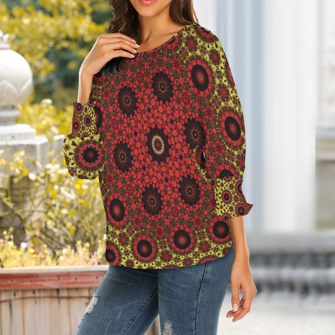 Crew Neck Pleated Sleeve T-Shirt Fall Leaves Red Black Chartreuse