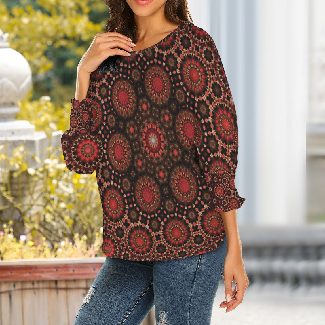 Crew Neck Pleated Sleeve T-Shirt Fall Leaves Black and Red Medallion