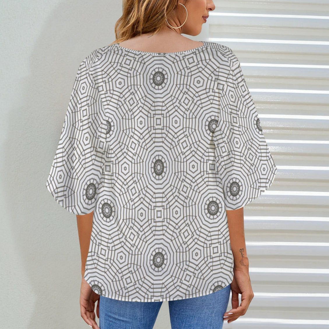 Draped Neck Blouse Carnival Tile Gray and White Geometric