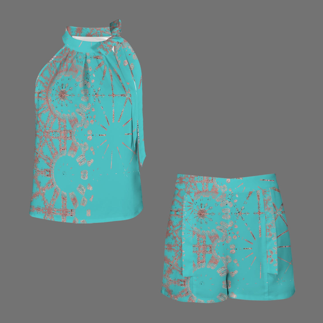 Ruched Sleeveless Tie Top and Shorts Set Turquoise and Rose Gold Graphic