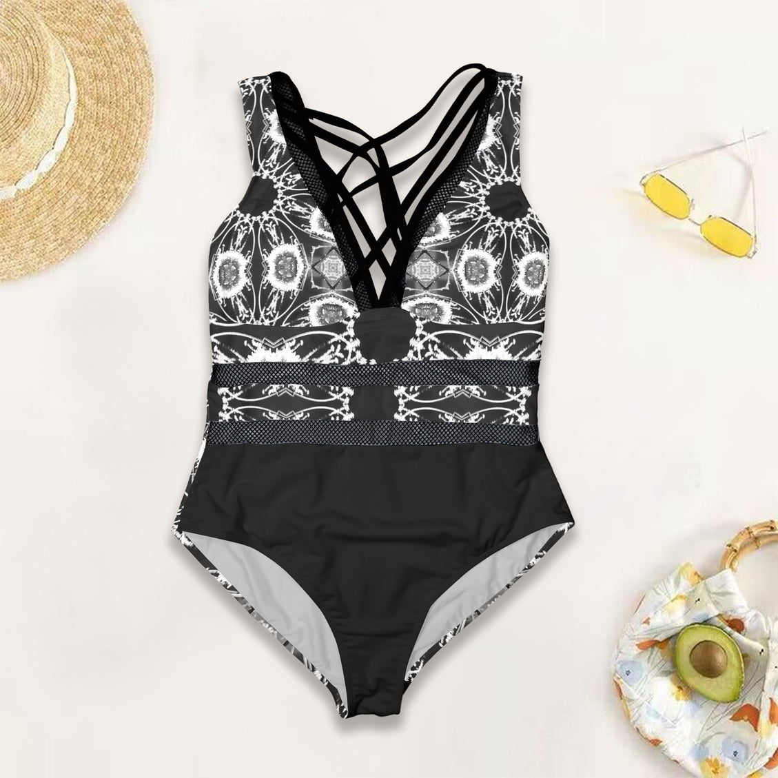 V Neck Mesh One Piece Swimsuit Frosty Reeds Black Bottom