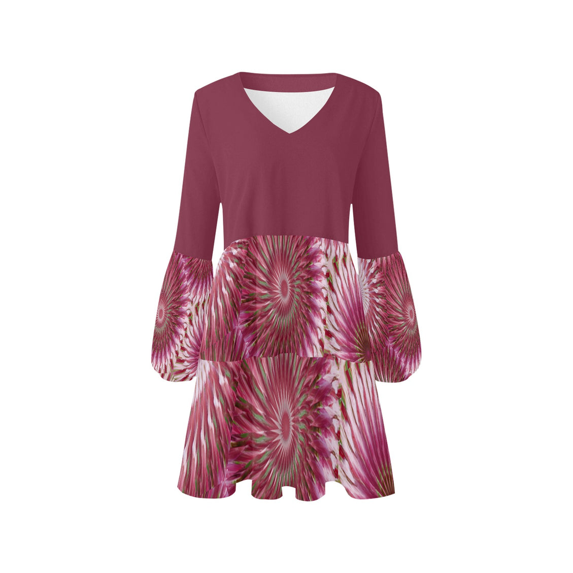 V Neck Flowy Dress Milkweed Swirl Burgundy