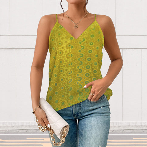 V Neck Cami Green & Gold Lake Reflections